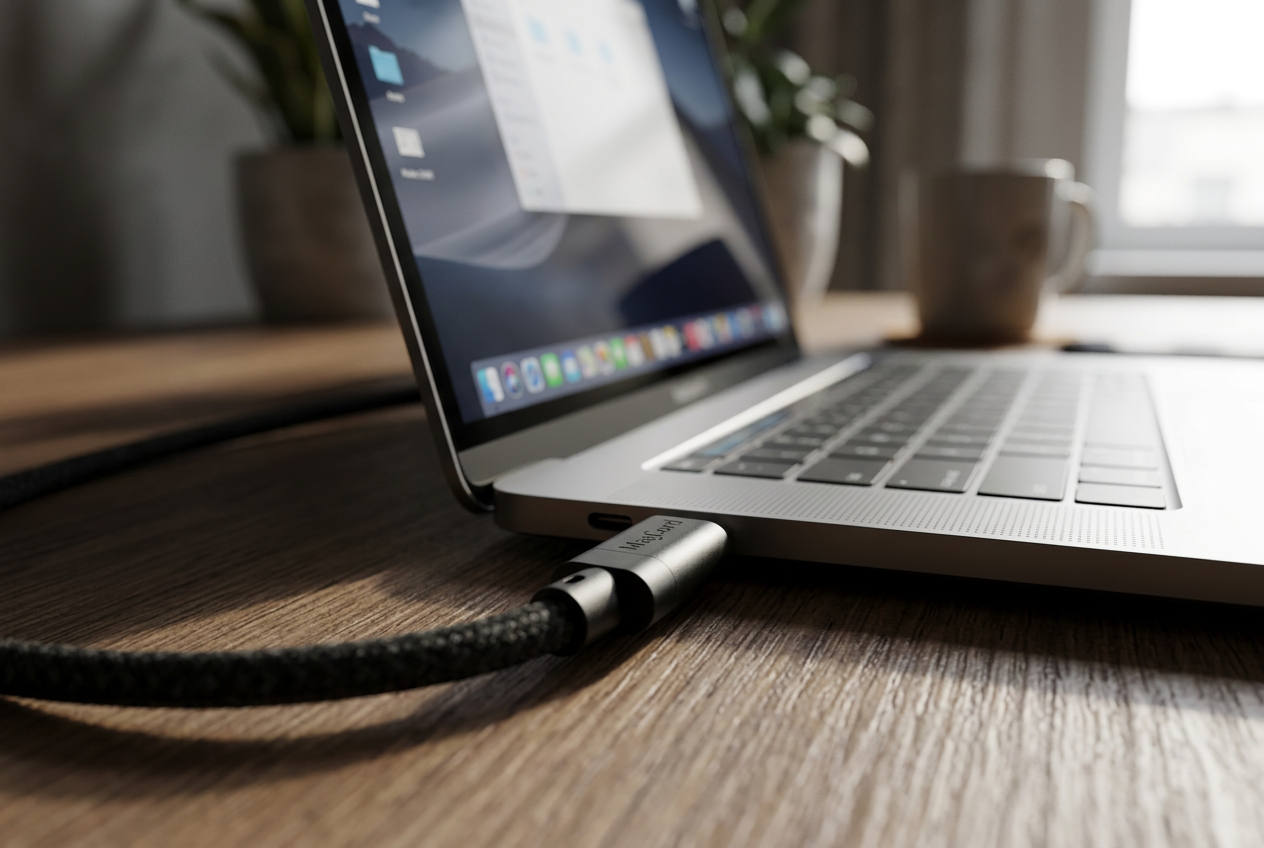 Ordinateur portable en charge via un câble USB-C posé sur un bureau — illustration de l'article « Quelle puissance accepte vraiment un iPad Pro M4 ? »