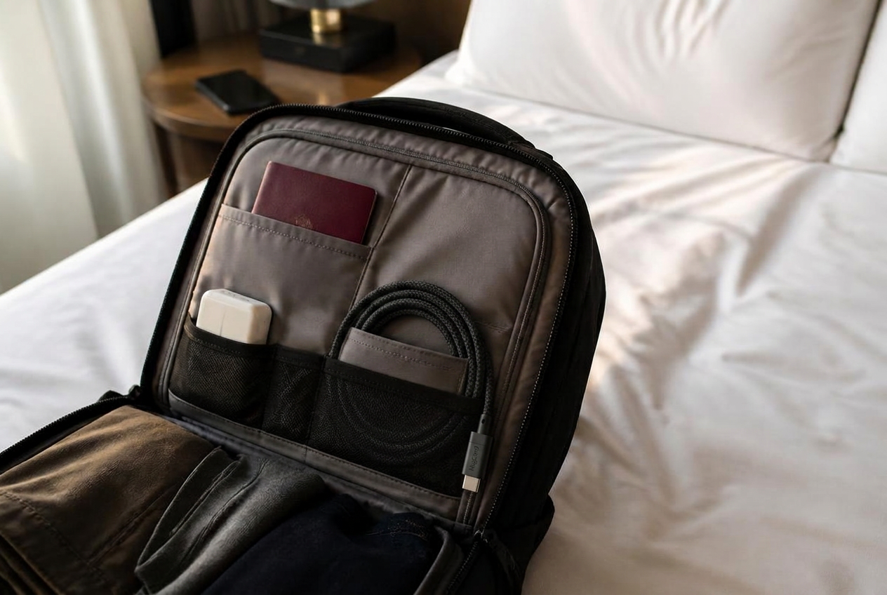 Chargeur et câble USB-C rangés dans une trousse de voyage — illustration de l'article « Charger son téléphone en camping ou en randonnée : le guide complet »