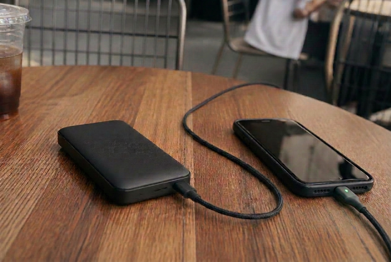 Batterie externe USB-C reliée à un smartphone posé sur une table — illustration de l'article « Charge inversée : comment dépanner un ami avec votre téléphone »