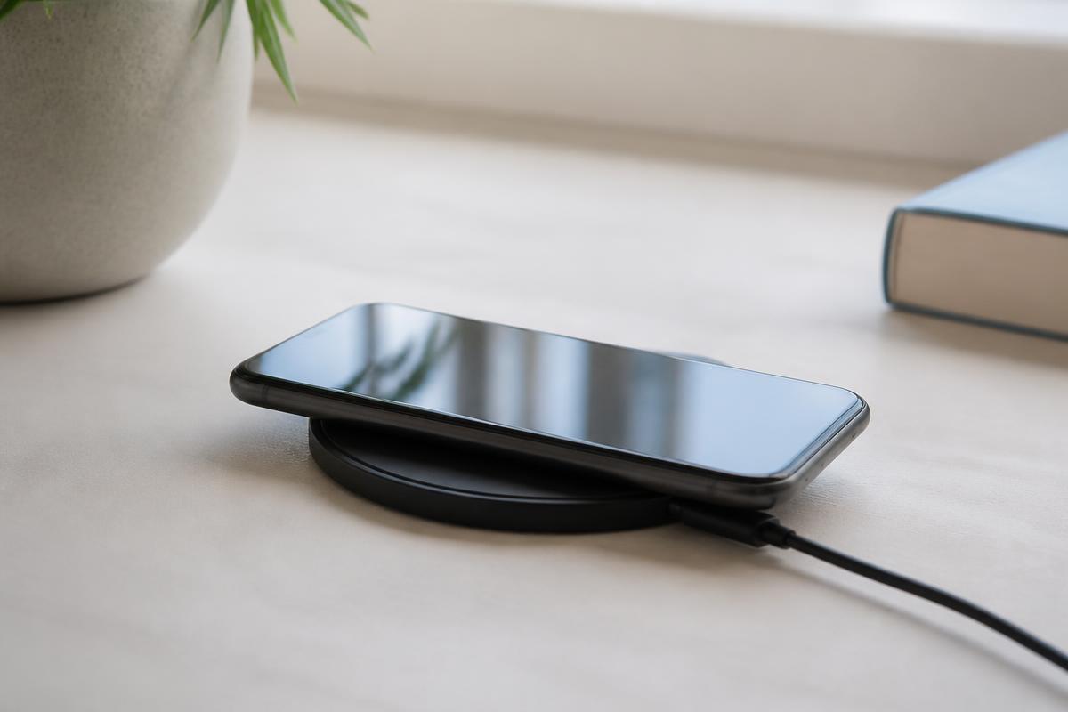Smartphone posé sur un chargeur à induction sans fil — illustration de l'article « Quel chargeur pour AirPods Pro 2 ? Le guide clair en 2026 »