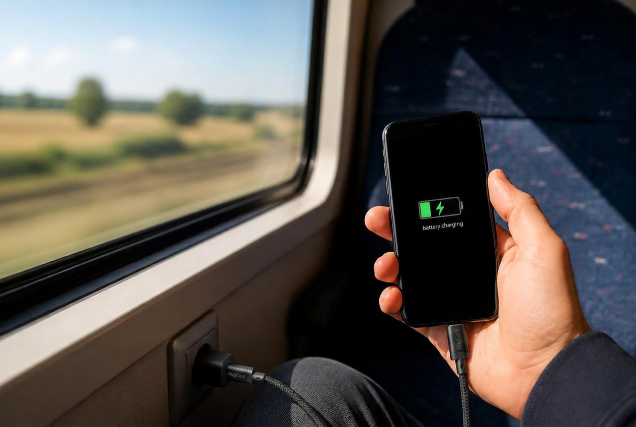 Voyageur rechargeant son téléphone sur la prise USB d'un siège de train