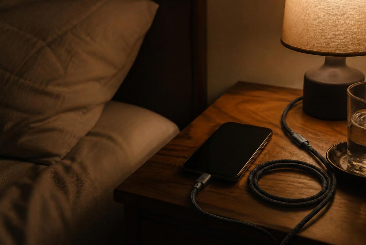 Smartphone en charge sur une table de chevet dans une chambre la nuit