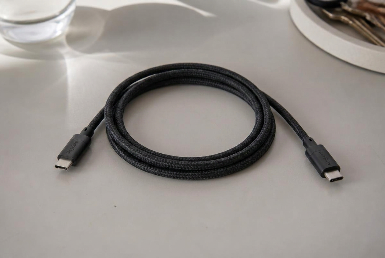 Câble USB-C tressé enroulé sur un plan de travail clair — illustration de l'article « Câble Apple original vs compatible : faut-il vraiment payer 25 € ? »