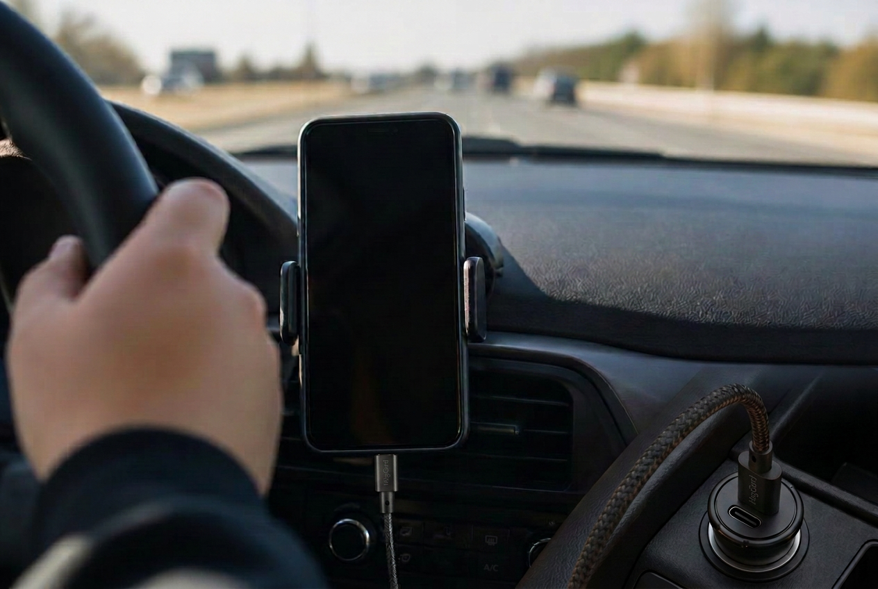Téléphone en charge dans une voiture via un câble USB-C sur la console centrale