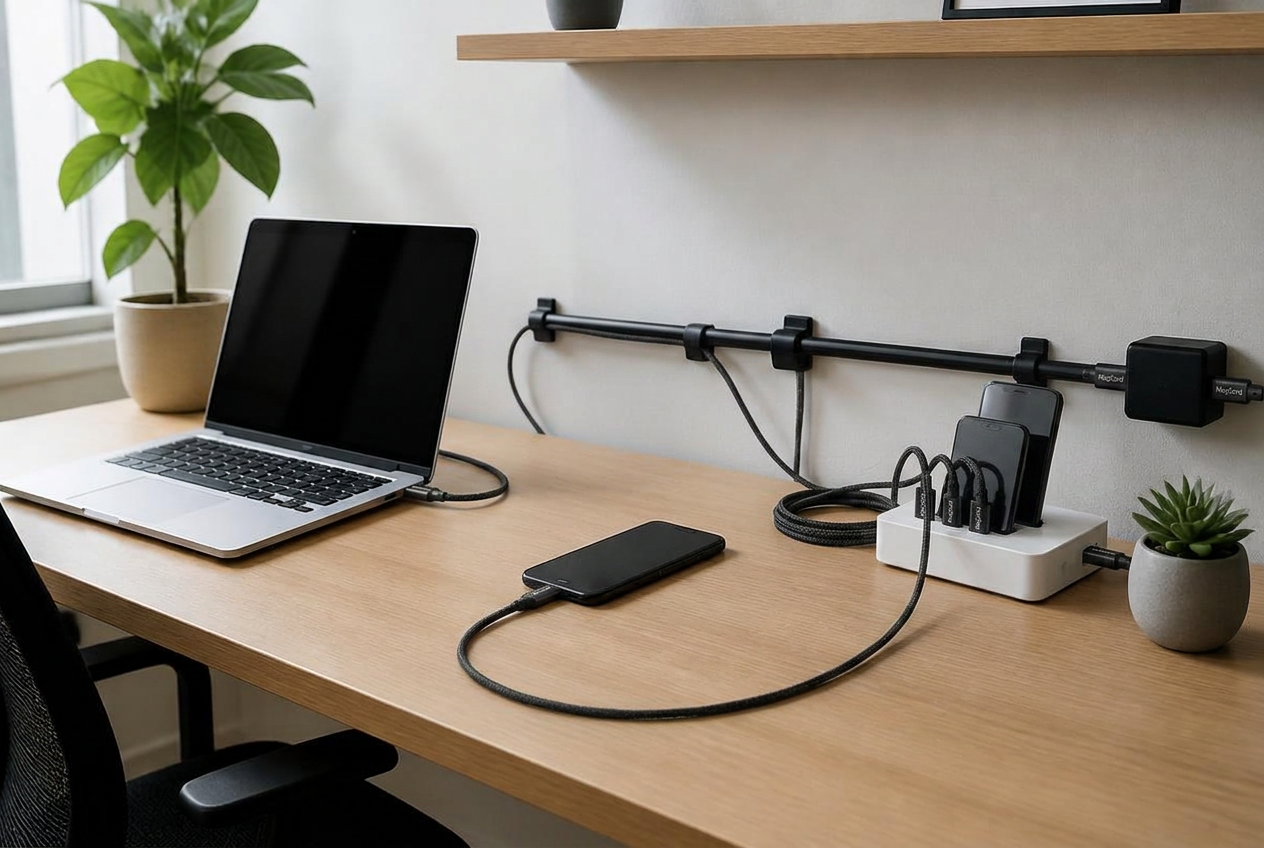 Bureau minimaliste avec une station de charge multi-ports USB-C