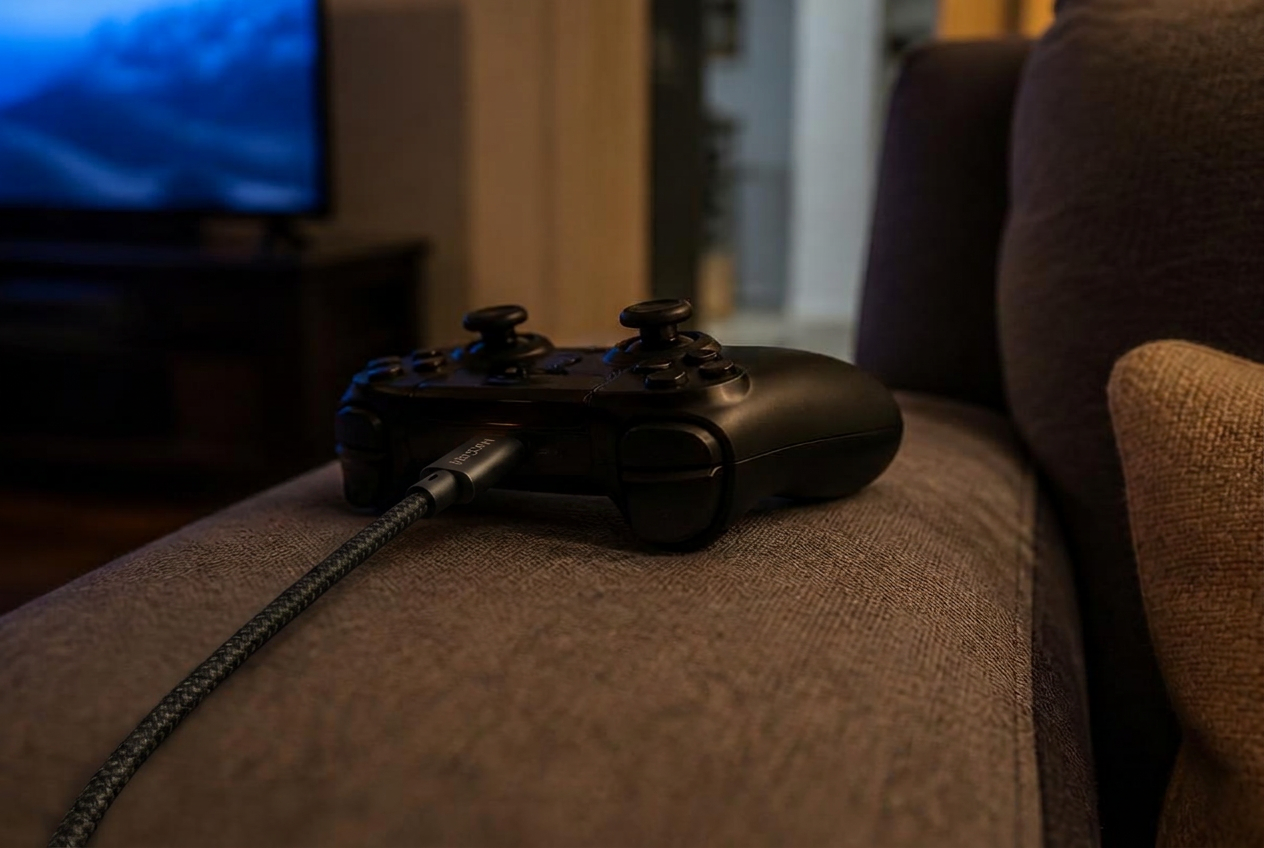Manette de jeu en charge avec un câble USB-C devant un écran — illustration de l'article « Chargeur USB-C pour console portable : Steam Deck, Switch, ROG Ally »