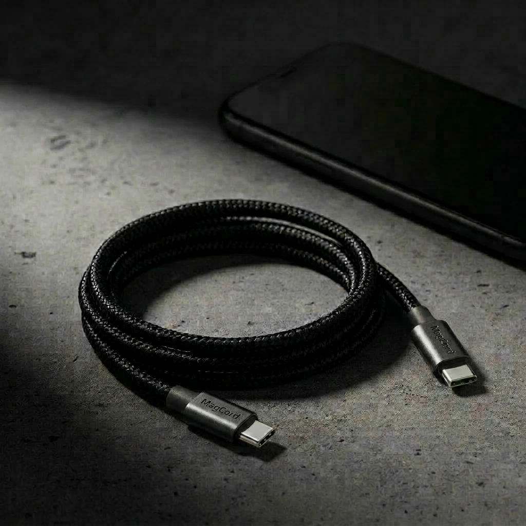 Accessoire Apple CarPlay : câble magnétique MagCord Pro noir à côté d'un smartphone