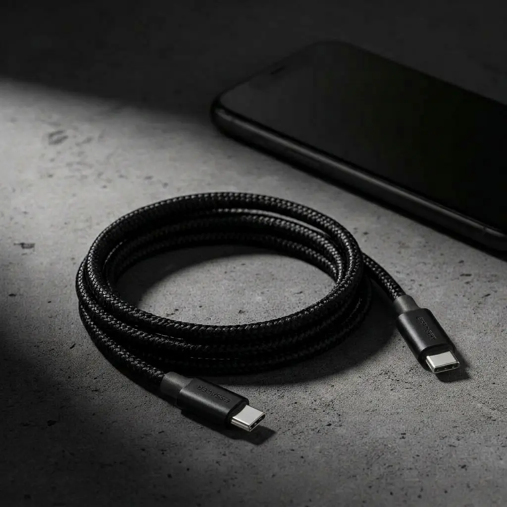 Accessoire Apple CarPlay : câble magnétique MagCord Pro noir à côté d'un smartphone