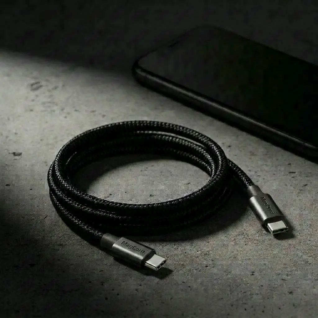Accessoire Apple CarPlay : câble magnétique MagCord Pro noir à côté d'un smartphone