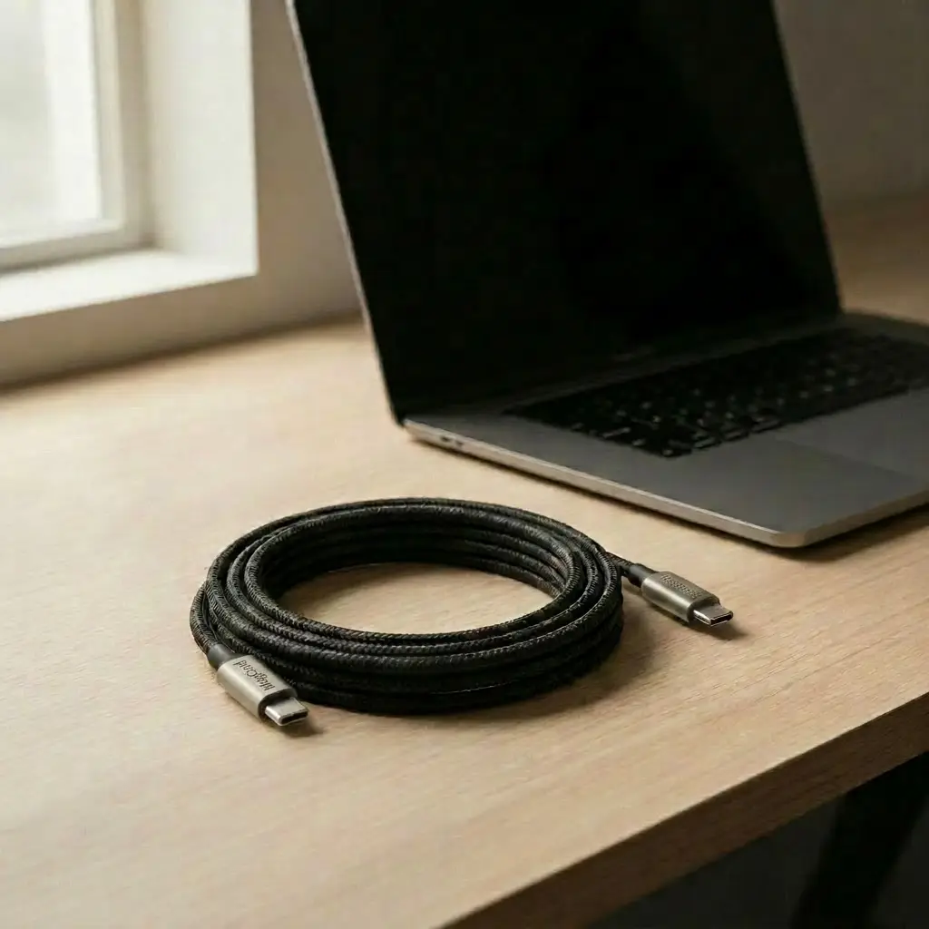 Meilleur câble USB-C magnétique 2026 : MagCord Pro enroulé sur un bureau