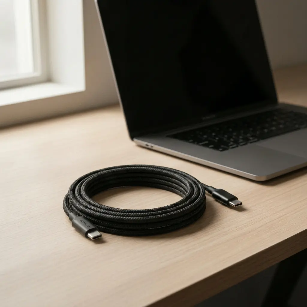 Câble management bureau minimaliste sur bureau en chêne avec ordinateur portable fermé et lumière naturelle