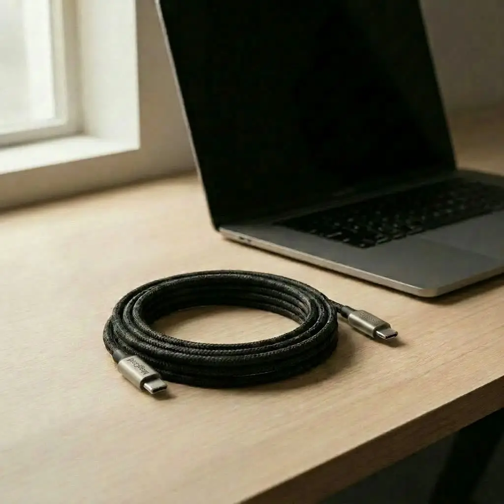 Câble USB-C 100W auto-enroulant MagCord Pro sur un bureau