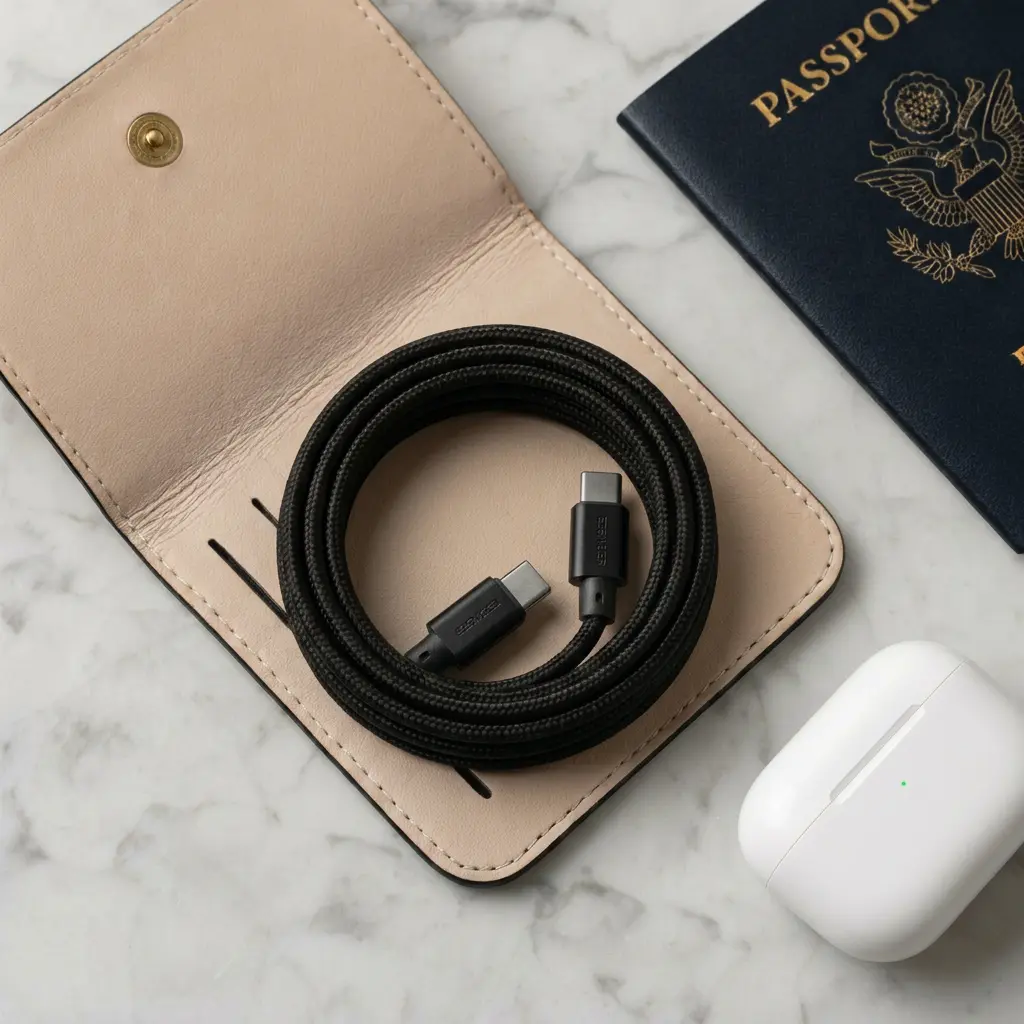 Câble de charge auto-enroulant MagCord Pro noir dans une pochette de voyage en cuir