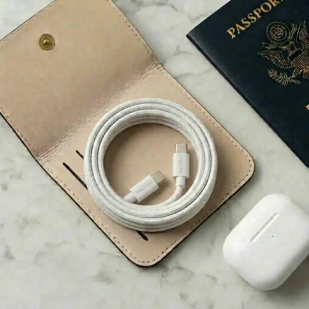 Batterie externe et câble USB-C posés sur un plan de travail clair