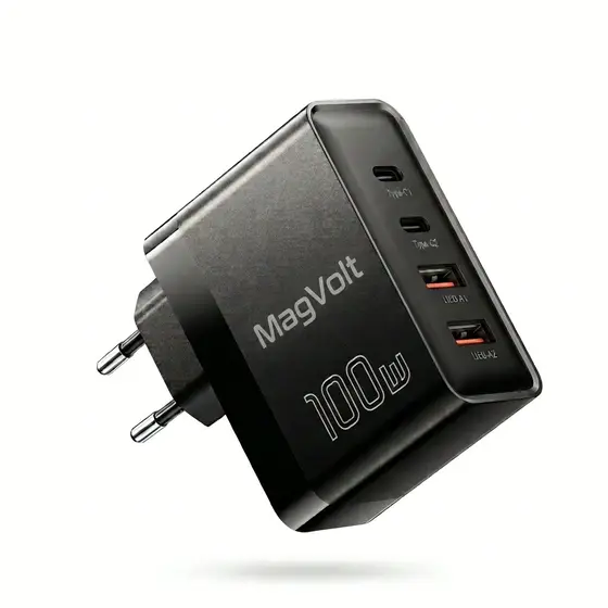 Chargeur GaN 100W multi-ports compact MagVolt noir, 2× USB-C PD + 2× USB-A