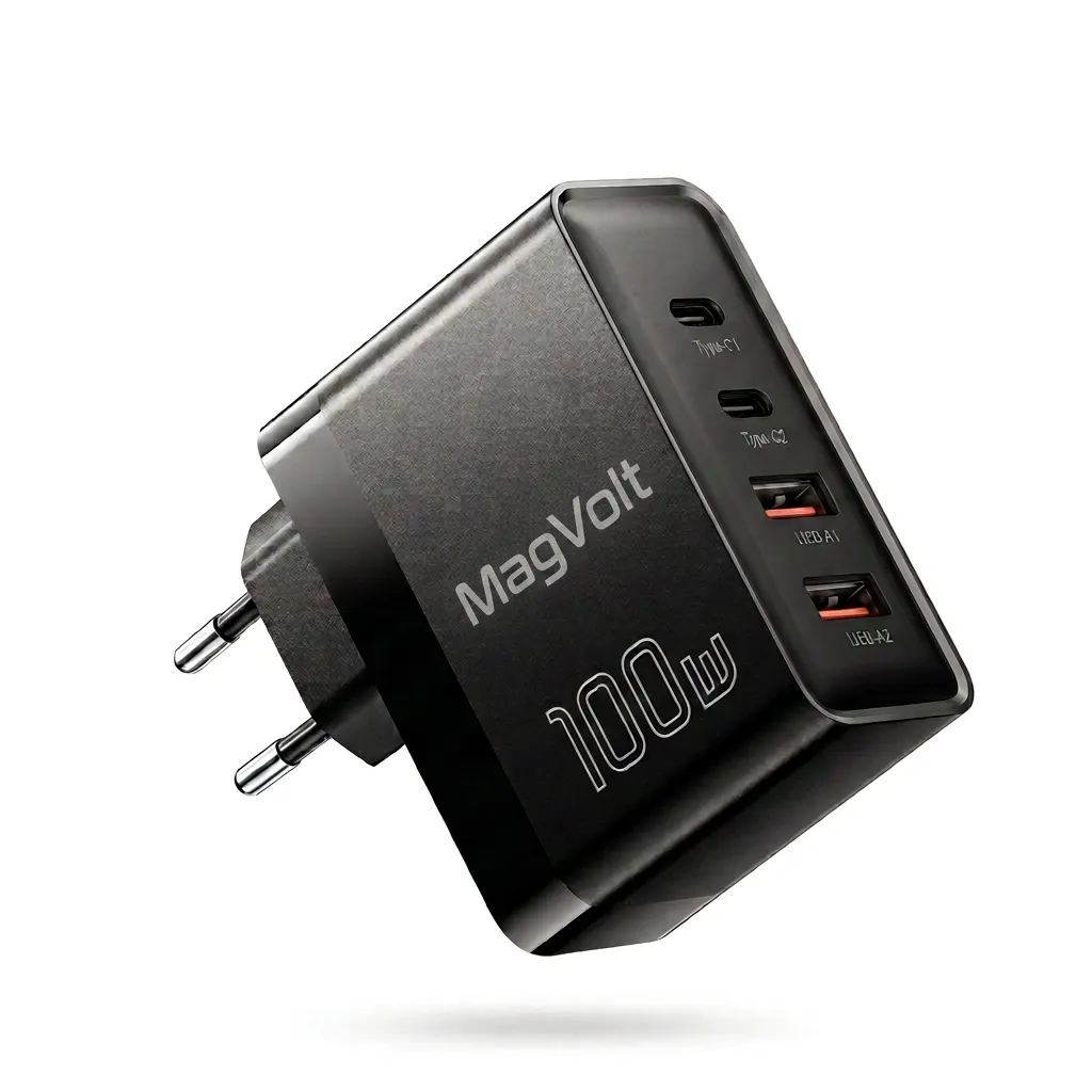 Chargeur GaN 100W multi-ports compact MagVolt noir, 2× USB-C PD + 2× USB-A