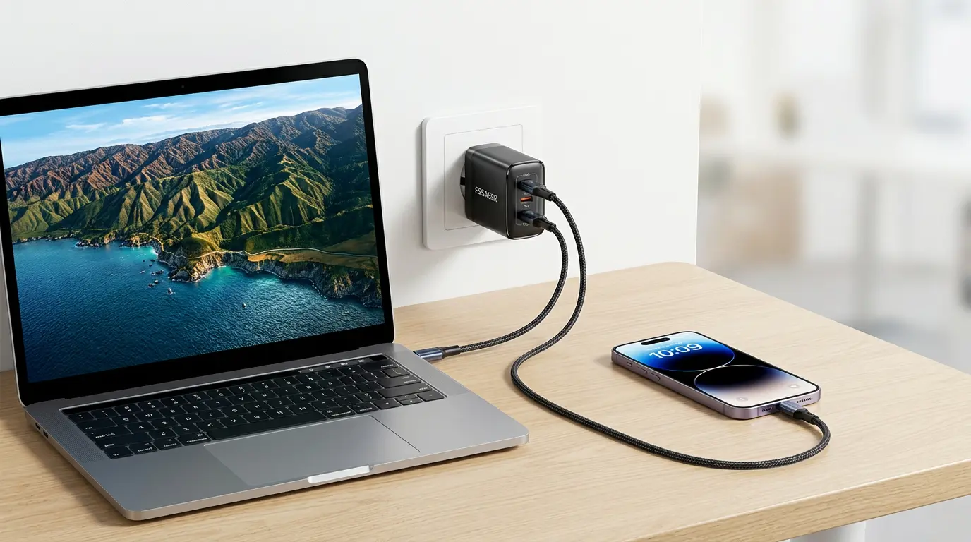 Chargeur GaN 100W multi-ports compact MagVolt avec MacBook et iPhone en charge simultanée