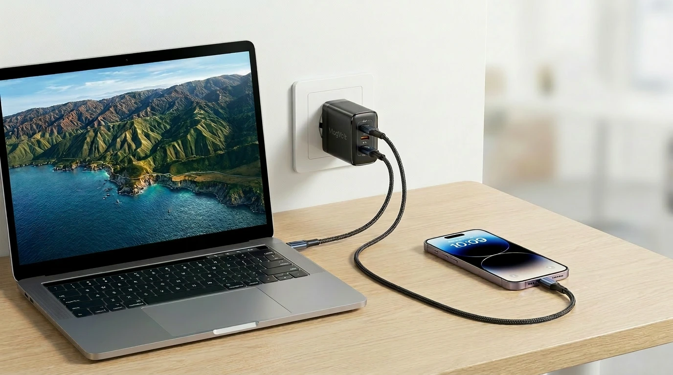 Chargeur GaN 100W multi-ports compact MagVolt avec MacBook et iPhone en charge simultanée