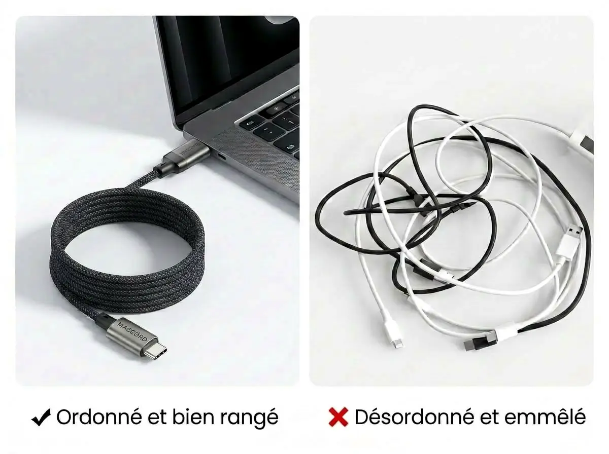 Câble management bureau minimaliste : MagCord x Essager net et organisé contre câbles classiques en désordre