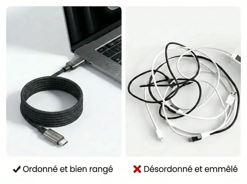 Câbles USB-C classiques emmêlés sur un bureau