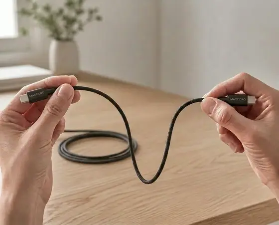 Main qui déroule le câble magnétique MagCord Pro en nylon tressé noir