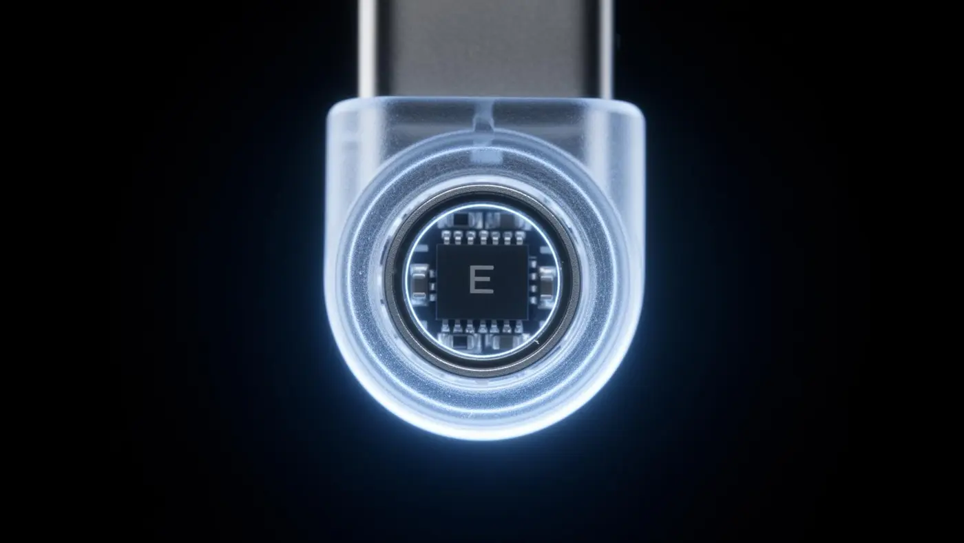 Gros plan sur le connecteur transparent MagCord, puce E-marker et anneau magnétique visibles