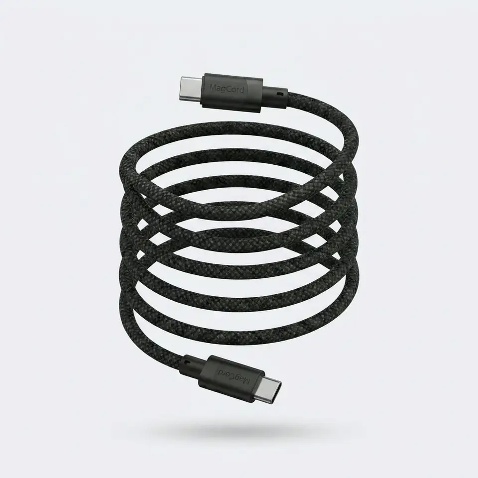 Câble USB-C magnétique MagCord Pro enroulé sur lui-même sur un bureau