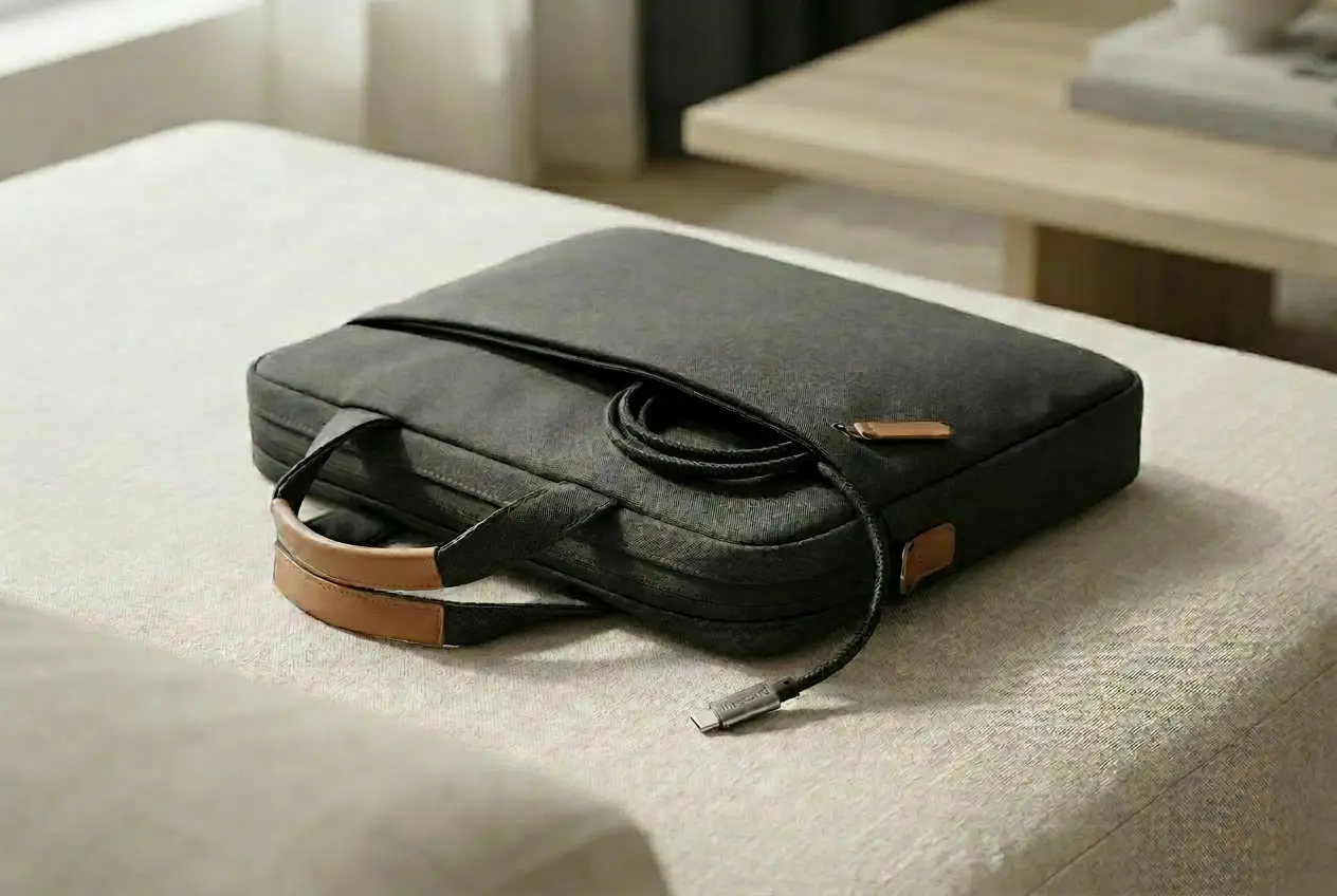 Câble management bureau minimaliste avec câble MagCord noir tressé parfaitement enroulé sur un bureau en bois