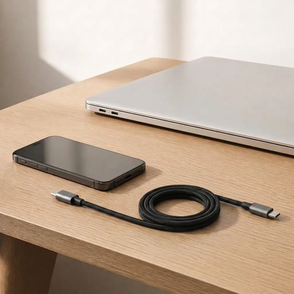 Câble USB-C enroulé magnétiquement, posé à côté d'un sac