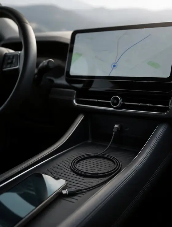 Câble MagCord branché à la console centrale d'une voiture, écran CarPlay allumé