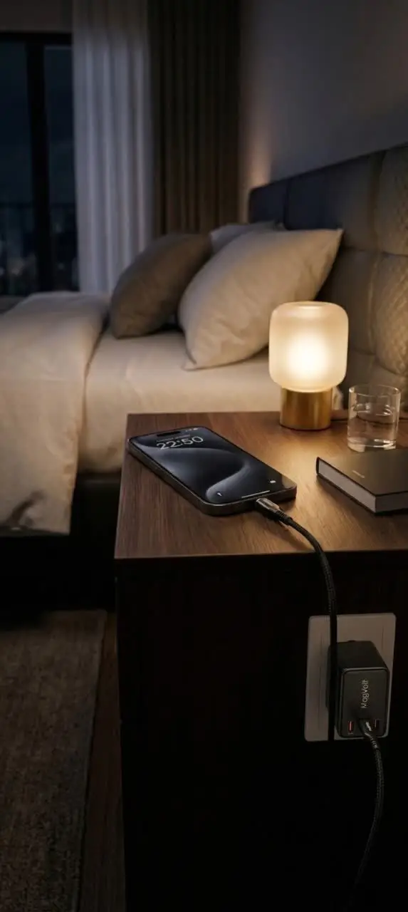 iPhone en charge la nuit sur une table de chevet, relié à un chargeur MagVolt MagCord