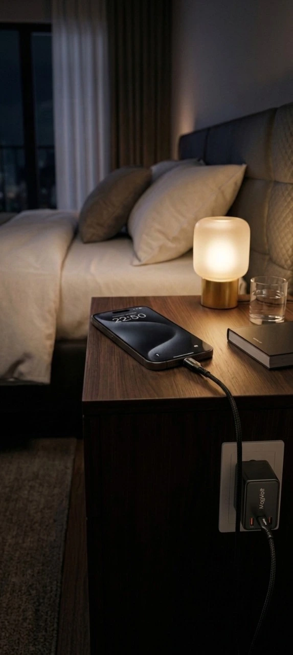 iPhone en charge la nuit sur une table de chevet, relié à un chargeur MagVolt MagCord