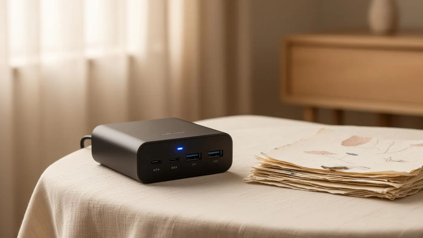 Téléphone posé sur un chargeur à induction sur un bureau clair
