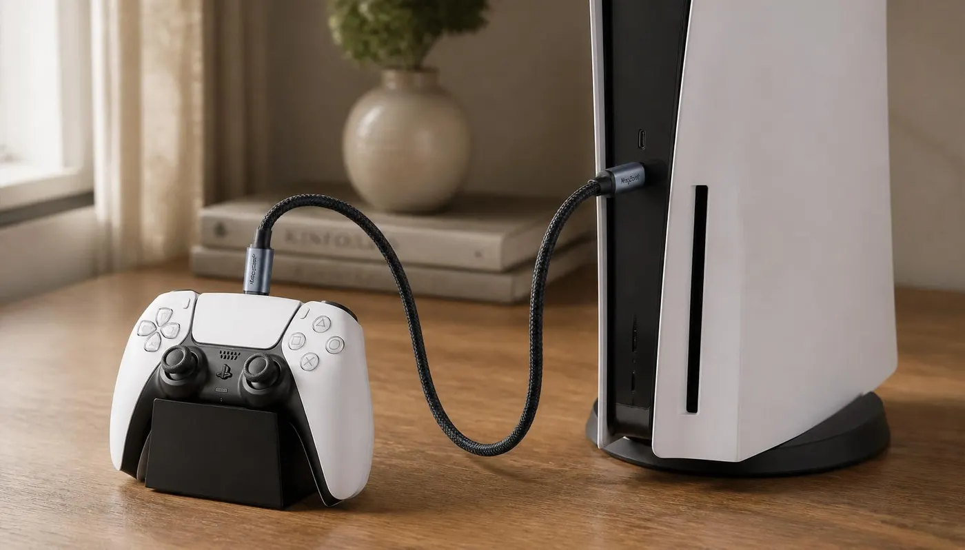 Câble USB-C tressé et manette de jeu posés sur un bureau sombre, prêts pour une session de jeu en charge