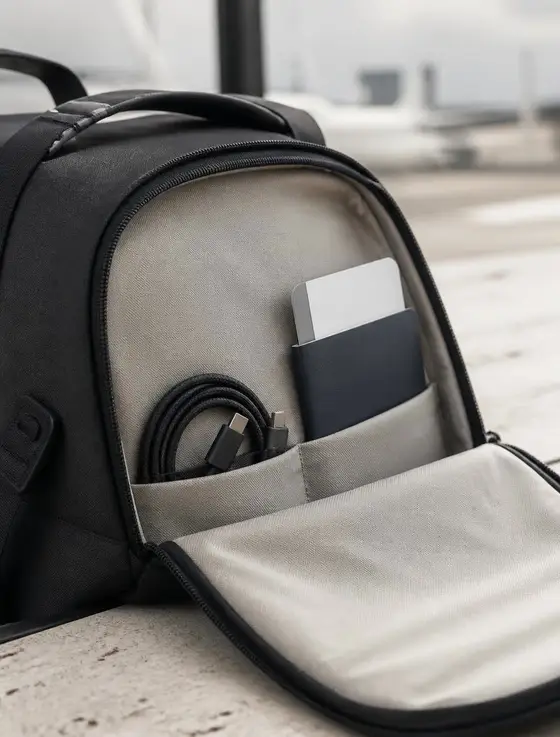 Câble MagCord enroulé sans nœud dans la poche d'un sac de voyage