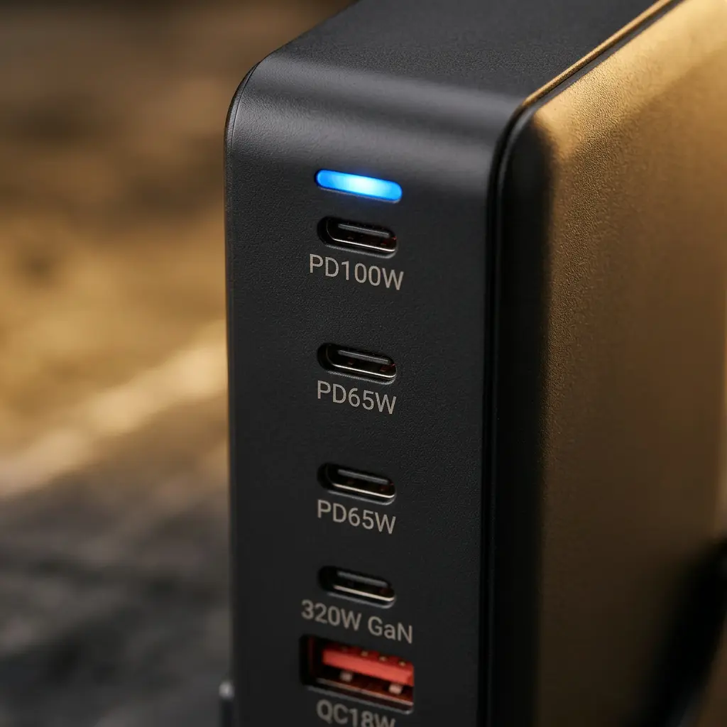 MagStation 320W — Détail macro des ports USB-C et LED bleue