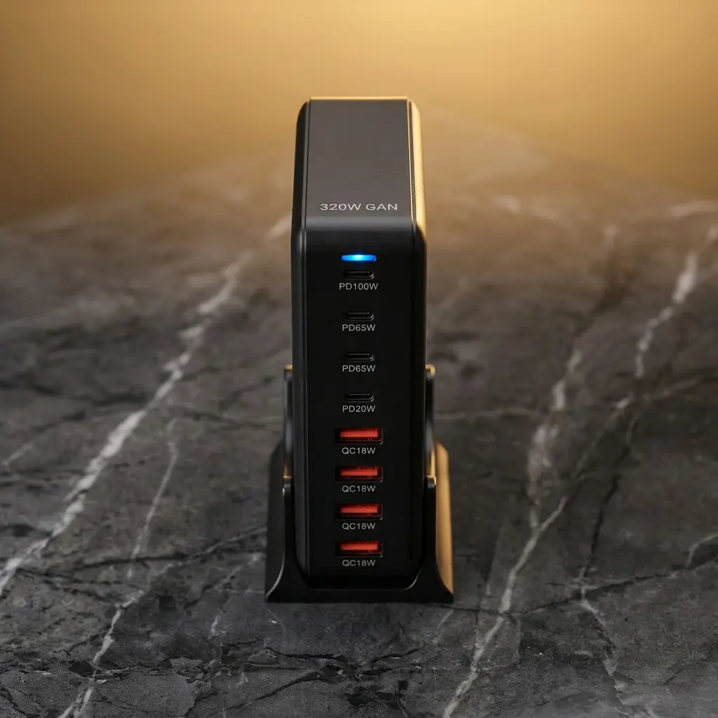 MagStation 320W — Vue de face cadrée sur les 8 ports