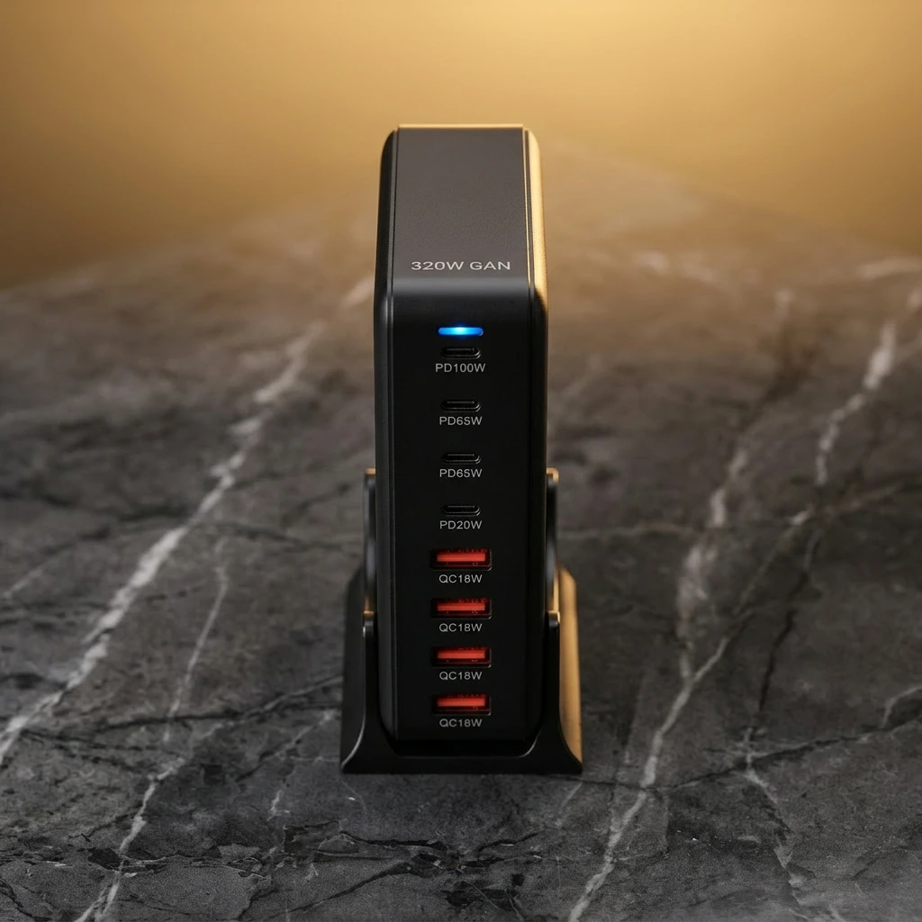 MagStation 320W — Vue de face cadrée sur les 8 ports